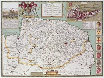 ジョンスピードの「英国帝国劇場」パブからジョドカスホンディウス（1563-1612）によって刻まれたノーフォーク。ジョン・サドベリーとジョージ・ハンブル、1611-12（手彩色の銅版画）